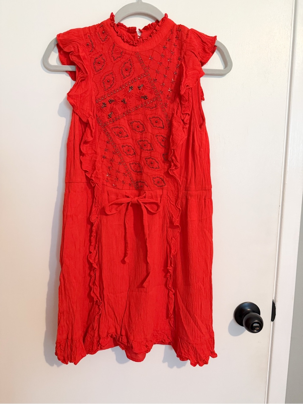 Guess Red Ruffle Midi Dress with Embroidered Bodice